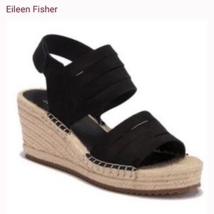 Eileen Fisher LARGO Espadrille Wedge Sandal Women's Black Leather 9 Platform